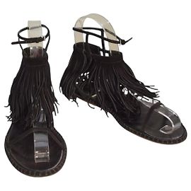 Miu Miu Black Suede Fringe Gladiator Flat Sandals Black