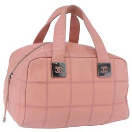 Bolsa Mini Boston CHANEL Choco Bar Line em couro rosa prateado CC Auth 197897A Prata Rosa