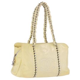 CHANEL COCO Mark Chain Hand Bag Patent Leather Yellow Silver CC Auth 197714 Silvery Yellow