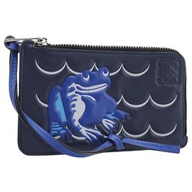 LOEWE William de Morgan Card Coin Case Leather Navy Silver Auth 200667M Silvery Navy blue