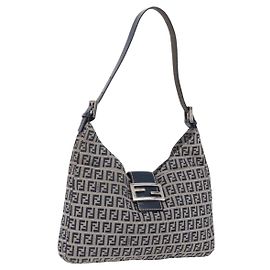 Borsa a tracolla FENDI Zucchino Canvas Mamma Baguette Navy Silver Auth 199586V Argento Blu navy