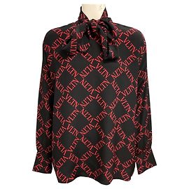 Valentino Garavani Valentino Black / Red Logo Print Silk Blouse Black