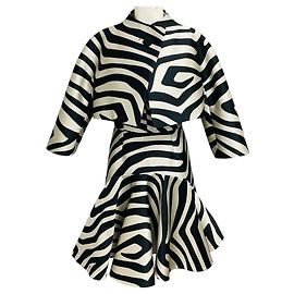 Paule Ka Silver / Black Patterned Jacquard Jacket and Cocktail Dress Set Silvery