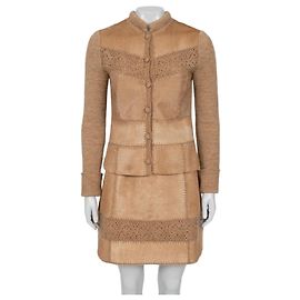 Conjunto de casaco e saia Escada Vintage castanho com acabamento em couro S EU 36 Usado Outro