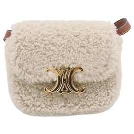 Céline Celine Triomphe Shoulder Shearling Mini Bege