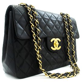 Borsa a tracolla CHANEL Classic Large 13" Flap Chain in pelle d'agnello nera Nero