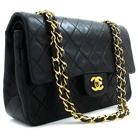 CHANEL Classic Double Flap 10" Bolsa de ombro com corrente em pele de cordeiro preta Preto