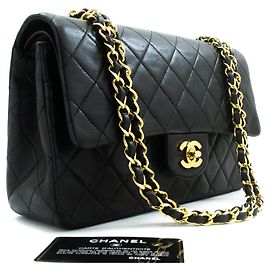 Bolsa de ombro com corrente CHANEL Classic Double Flap 10" em pele de cordeiro preta Preto
