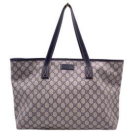 Gucci Beige and Navy Blue Monogram Canvas Tote Shoulder Bag Blue