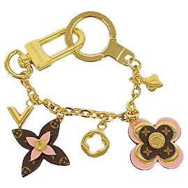 Louis Vuitton Monogram Bijou Sac Chaine Blooming Flower Keychain Charm Marron Rose Doré