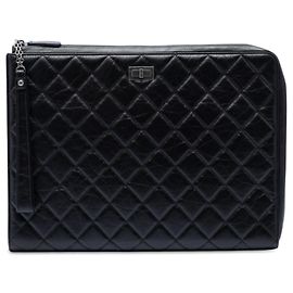 Pochette Chanel Reissue 2.55 avec poignée en cuir de veau vieilli noir, Large Noir