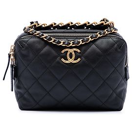 Borsa Bowling Chanel Mini CC Matelassé in Pelle di Agnello Nera Nero