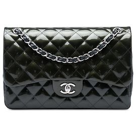 Chanel Green Jumbo Classic Striated Patent Double Flap Vert Vert olive
