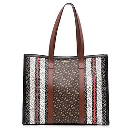 Borsa Book Tote Burberry Brown TB Monogram E Canvas Stripe Marrone