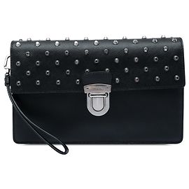 Prada Black Studded Saffiano Push Lock Wristlet Clutch Black