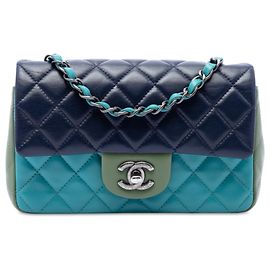 Chanel Blue Mini Rectangular Classic Tricolor Lambskin Single Flap Blu