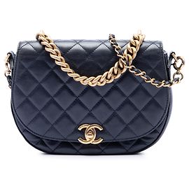 Chanel Blue CC Quilted Lambskin Chain Handle Half Moon Flap Blu Blu scuro
