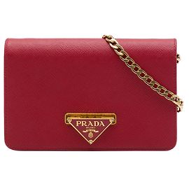 Prada Red Saffiano Lux Flip Lock Wallet on Chain Red