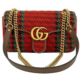 Bolsa de Ombro Gucci GG Marmont em Tweed e Couro com Logo Hardware Vermelho