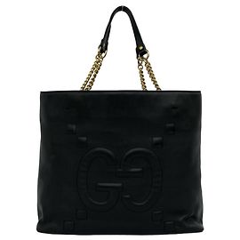Gucci GG Logo Leather Chain Tote Bag Black