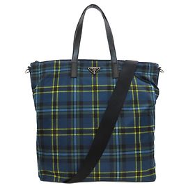 Prada Checkered 2-Way Tote Bag Blue Yellow