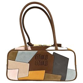 Borsa Tote Miu Miu da Donna con Fiocco e Patchwork Marrone Bianco Multicolore