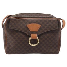 Céline Celine Vintage Macadam Circle Logo Canvas and Leather Castaño
