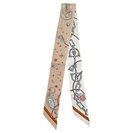 Hermès Cachecol de fita de seda bege e branco Hermes Branco Bege
