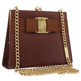 Bolsa de Ombro Salvatore Ferragamo Vala Chain em Couro Marrom e Dourado Auth 199629A Marrom Dourado