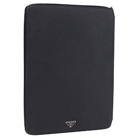Étui Porte-documents PRADA Saffiano Black Silver Auth 200201 Noir Argenté
