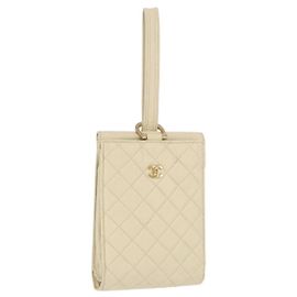 CHANEL Multi Case Matelasse Pouch Leather Ivory Gold CC Auth 199133 Golden Roh