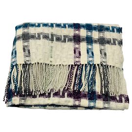Sciarpa lunga Burberry in lana merino e cashmere a quadri con frange, colore Ivory / Blue / Purple Multicolore