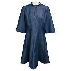 Robe évasée en chambray denim bleu moyen à manches courtes Oscar de la Renta Bleu