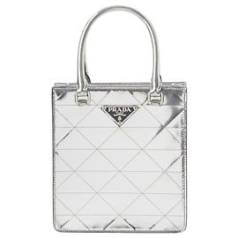 Sac cabas satchel Prada en cuir Spazzolato métallisé argenté avec triangle Argenté