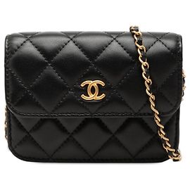 Borsa a tracolla Chanel Mini CC Quilted Lambskin Pearl Crush Pouch nera con catena Nero