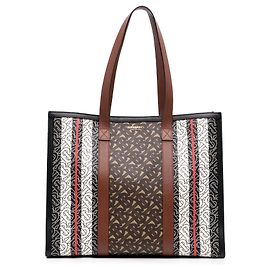 Borsa Book Tote Burberry TB Monogram E Canvas Stripe Marrone Marrone