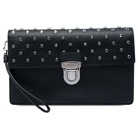 Black Prada Studded Saffiano Push Lock Wristlet Clutch Black