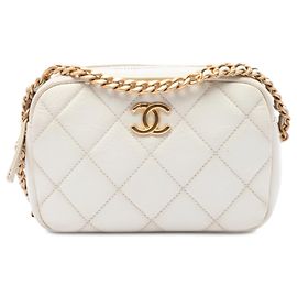 White Chanel CC Quilted Caviar Melody Chain Camera Bag White