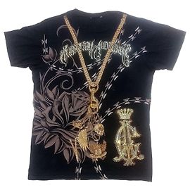 Autre Marque T-shirt Christian Audigier Preta com Corrente Dourada e Strass Preto
