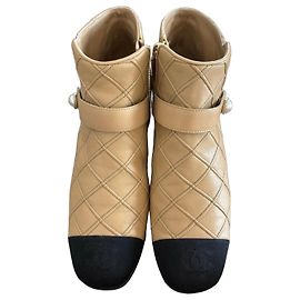 Chanel Leather Ankle Boots Beige Black 39 Black Beige