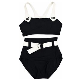Chanel Bañador de Dos Piezas con Logo CC Negro Blanco