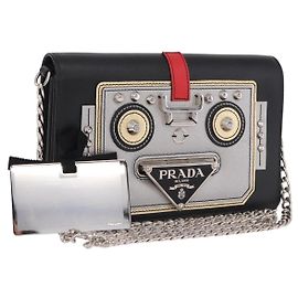 PRADA Robot Chain Shoulder Bag Saffiano Black Silver Altro