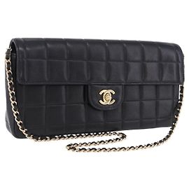 CHANEL Choco Bar Line Chain Shoulder Bag Leather Black Gold CC Altro