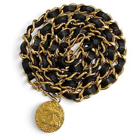 Chanel Vintage Coco Mark Medal Motif Leather Chain Belt Black Golden