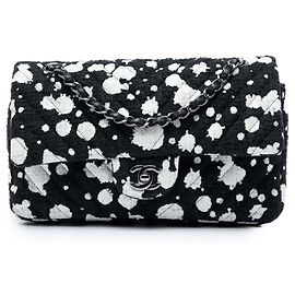 Chanel Black Medium Chevron Tweed Paint Splatter Double Flap Preto