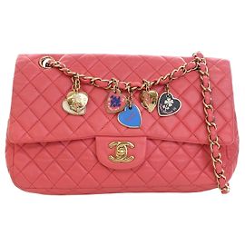 Chanel Pink Medium Classic Lambskin Valentines Heart Charms Single Flap Rose