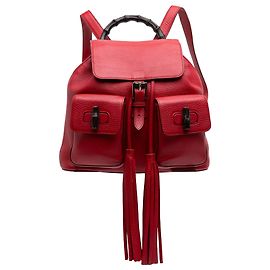 Gucci Red Calfskin Bamboo Tassel Drawstring Backpack Red