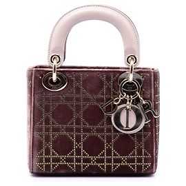 Dior Mini Lady Dior Bicolore in Velluto Cannage Rosso con Strass Rosso Bordò