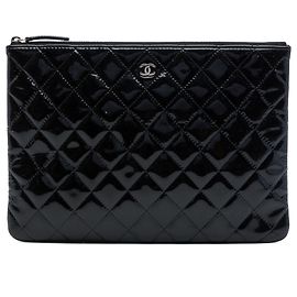 Chanel Black Medium Quilted Patent O Case Clutch Black