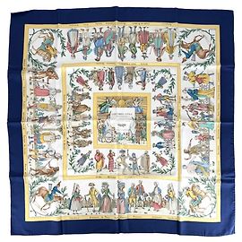 Hermès Lenço Hermes Carre 90 Costumes for Modern Citizens Branco Azul Amarelo